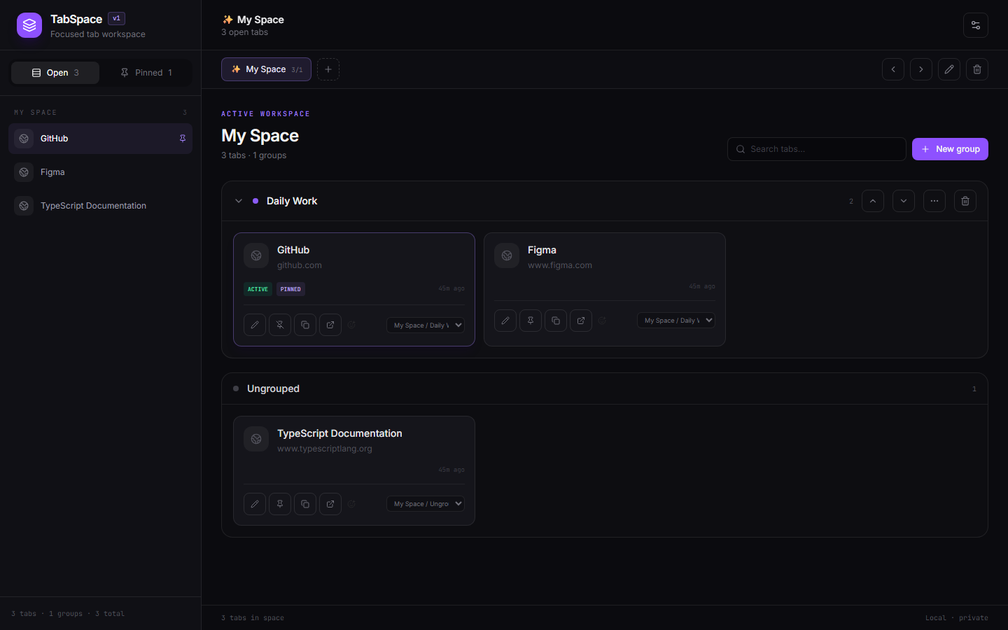 TabSpace dashboard showing spaces, groups, and tab cards